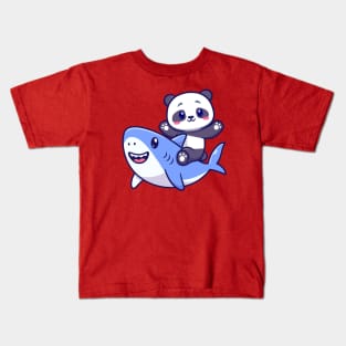 Cute Panda With Cute Shark Cartoon Kids T-Shirt